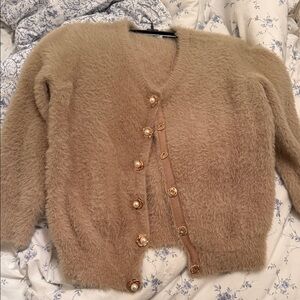 Zara Fuzzy Camel Brown Button-Up Cardigan